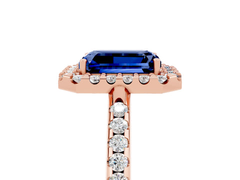 Rose gold Emerald Cut Blue Sapphire Pavé Halo Ring with Four-Prong Setting_17