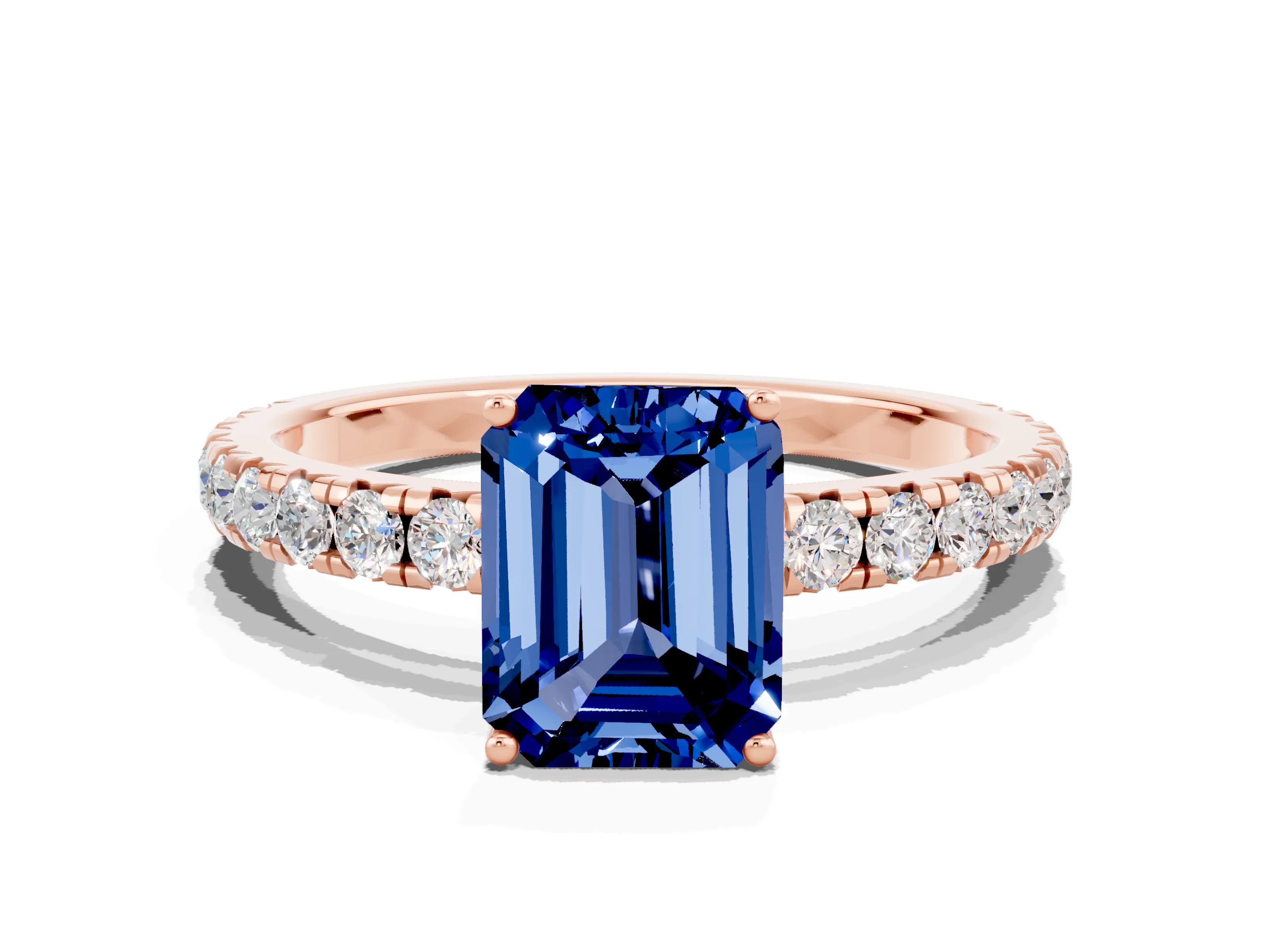 Rose gold Emerald Cut Blue Sapphire Pavé Solitaire Engagement Ring with Four-Prong Setting_12