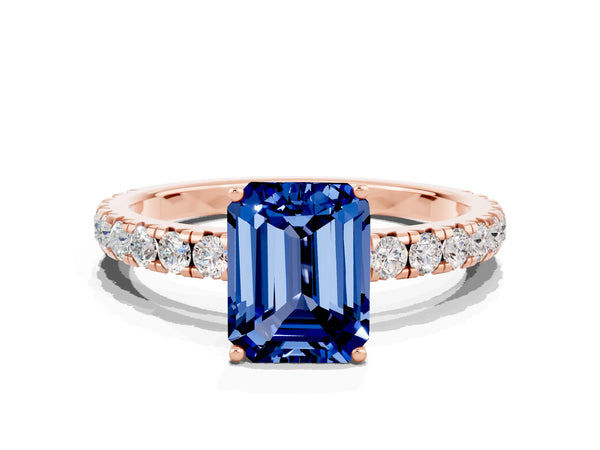 Rose gold Emerald Cut Blue Sapphire Pavé Solitaire Engagement Ring with Four-Prong Setting