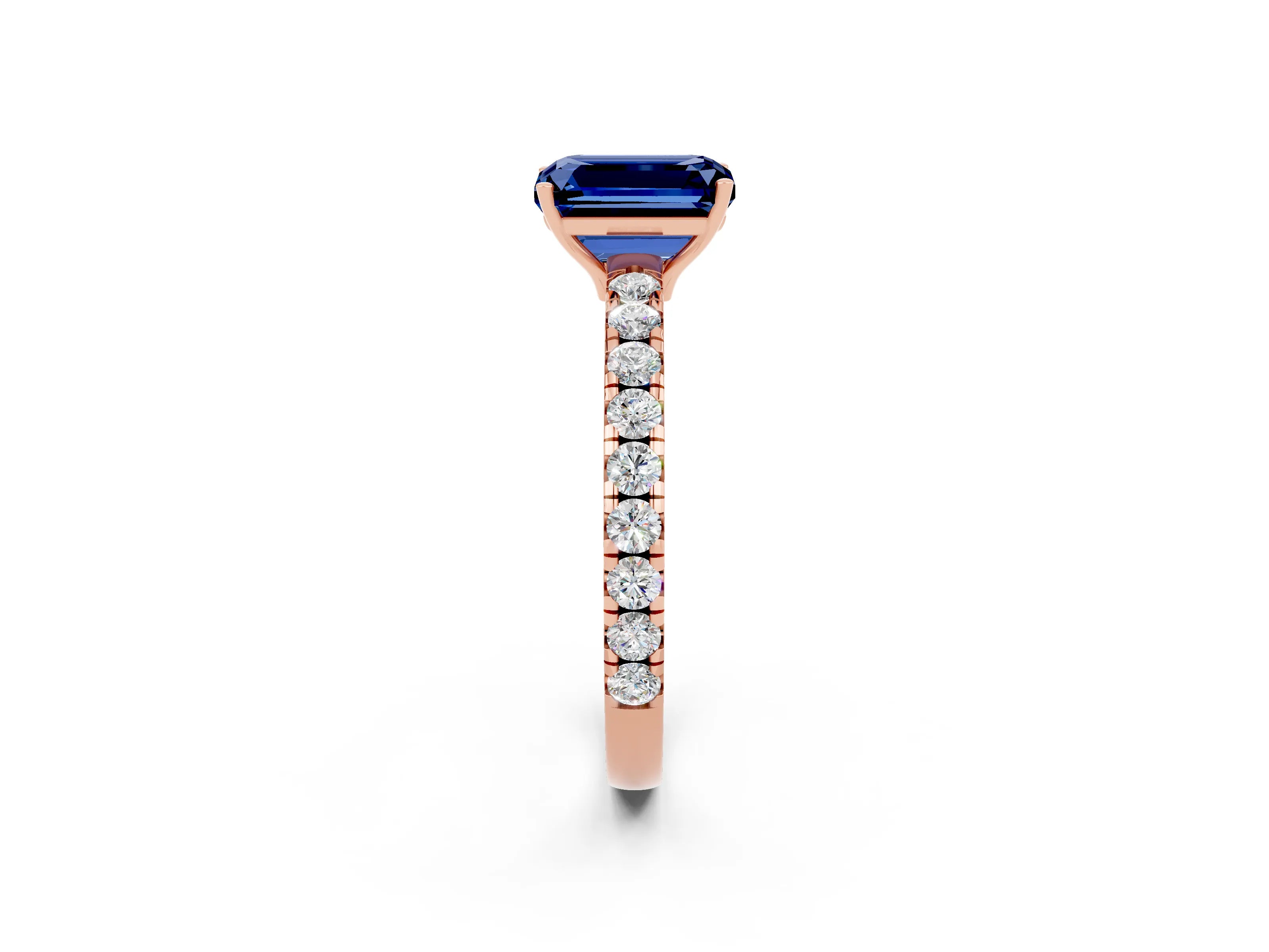 Rose gold Emerald Cut Blue Sapphire Pavé Solitaire Engagement Ring with Four-Prong Setting_14