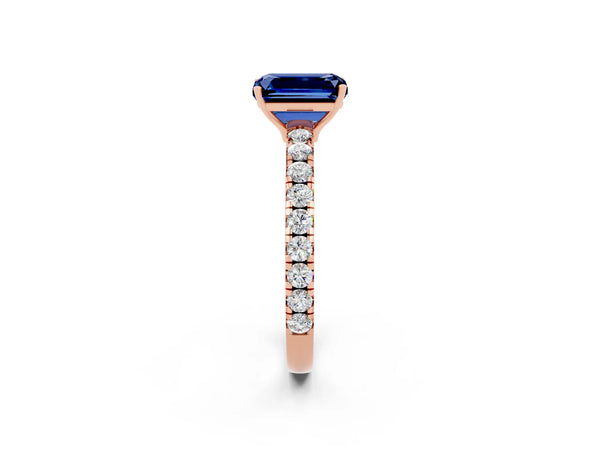 Rose gold Emerald Cut Blue Sapphire Pavé Solitaire Engagement Ring with Four-Prong Setting