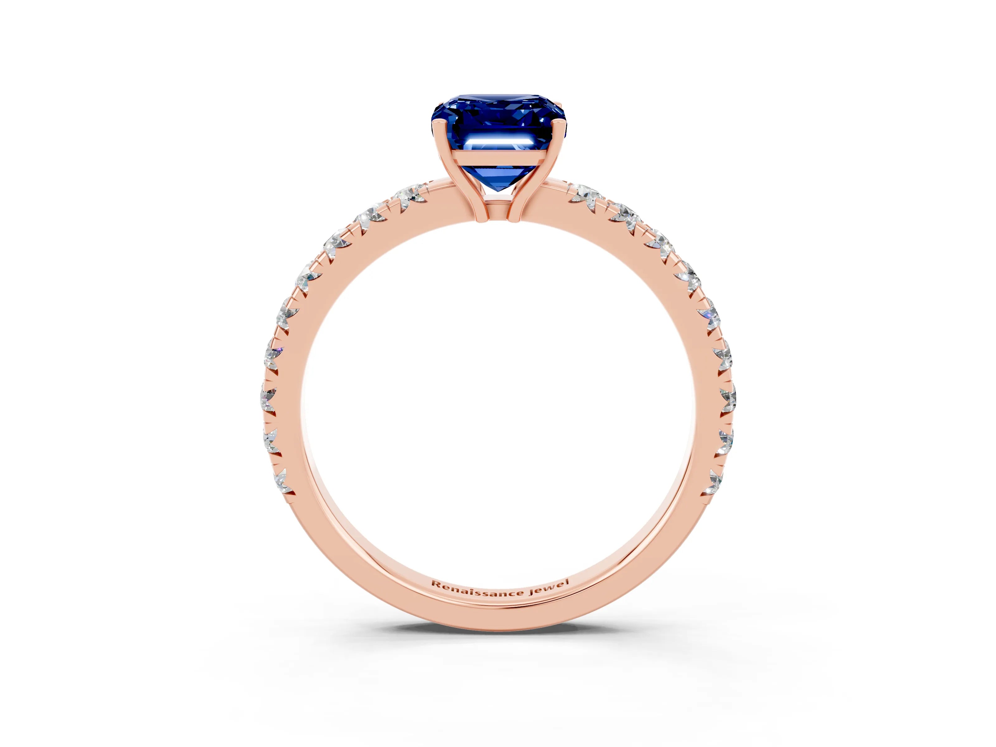 Rose gold Emerald Cut Blue Sapphire Pavé Solitaire Engagement Ring with Four-Prong Setting_15