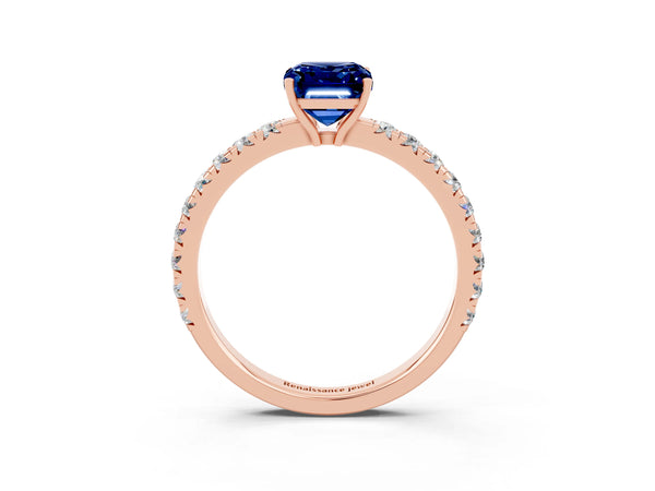 Rose gold Emerald Cut Blue Sapphire Pavé Solitaire Engagement Ring with Four-Prong Setting