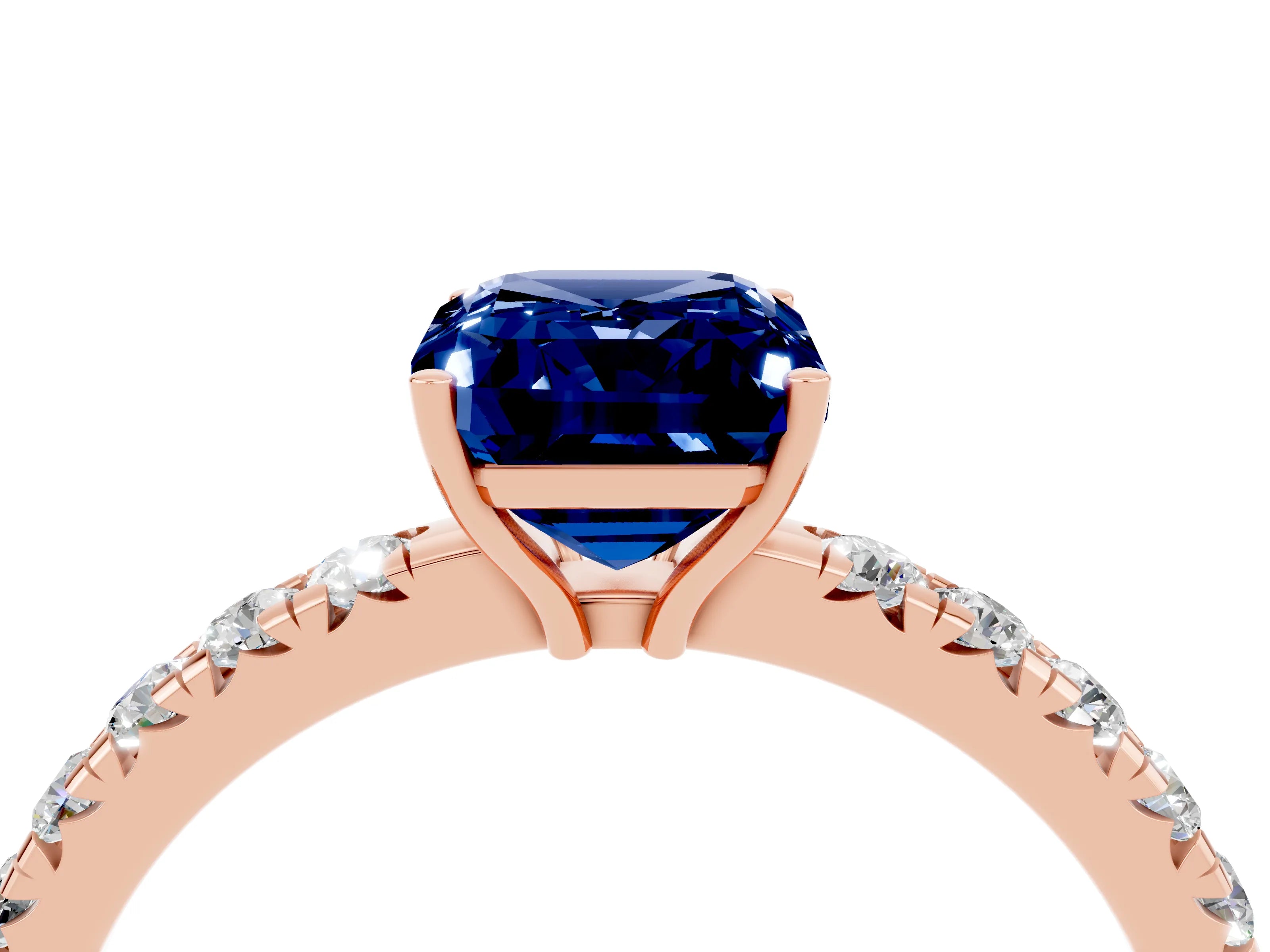 Rose gold Emerald Cut Blue Sapphire Pavé Solitaire Engagement Ring with Four-Prong Setting_16