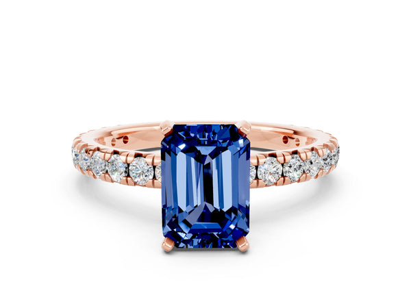 Rose gold Emerald Cut Blue Sapphire Pavé Solitaire Ring with Round Band and Prong Setting