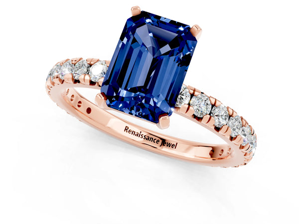 Rose gold Emerald Cut Blue Sapphire Pavé Solitaire Ring with Round Band and Prong Setting