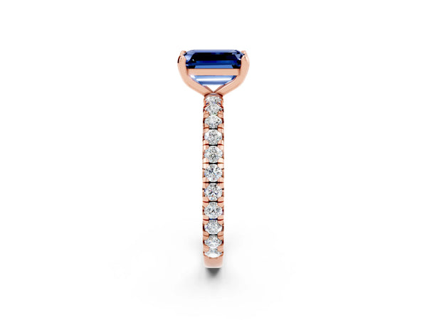 Rose gold Emerald Cut Blue Sapphire Pavé Solitaire Ring with Round Band and Prong Setting