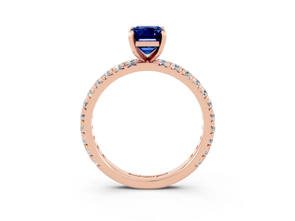 Rose gold Emerald Cut Blue Sapphire Pavé Solitaire Ring with Round Band and Prong Setting