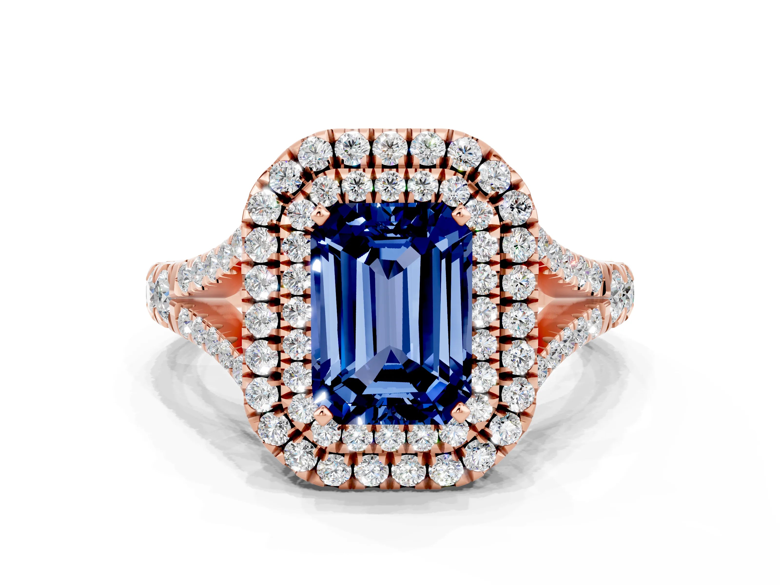 Rose gold Emerald Cut Blue Sapphire Pavé Split Shank Double Halo Engagement Ring