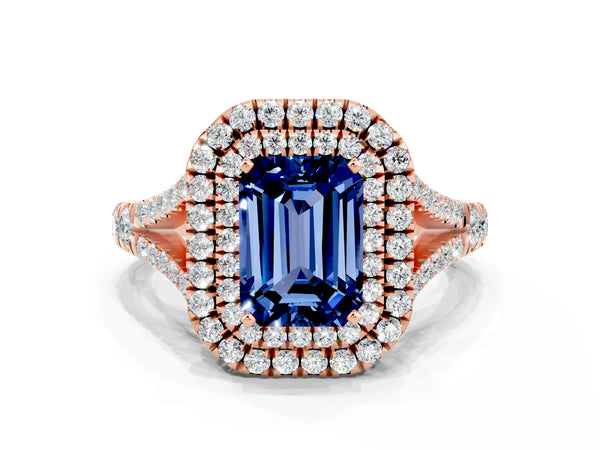 Rose gold Emerald Cut Blue Sapphire Pavé Split Shank Double Halo Engagement Ring