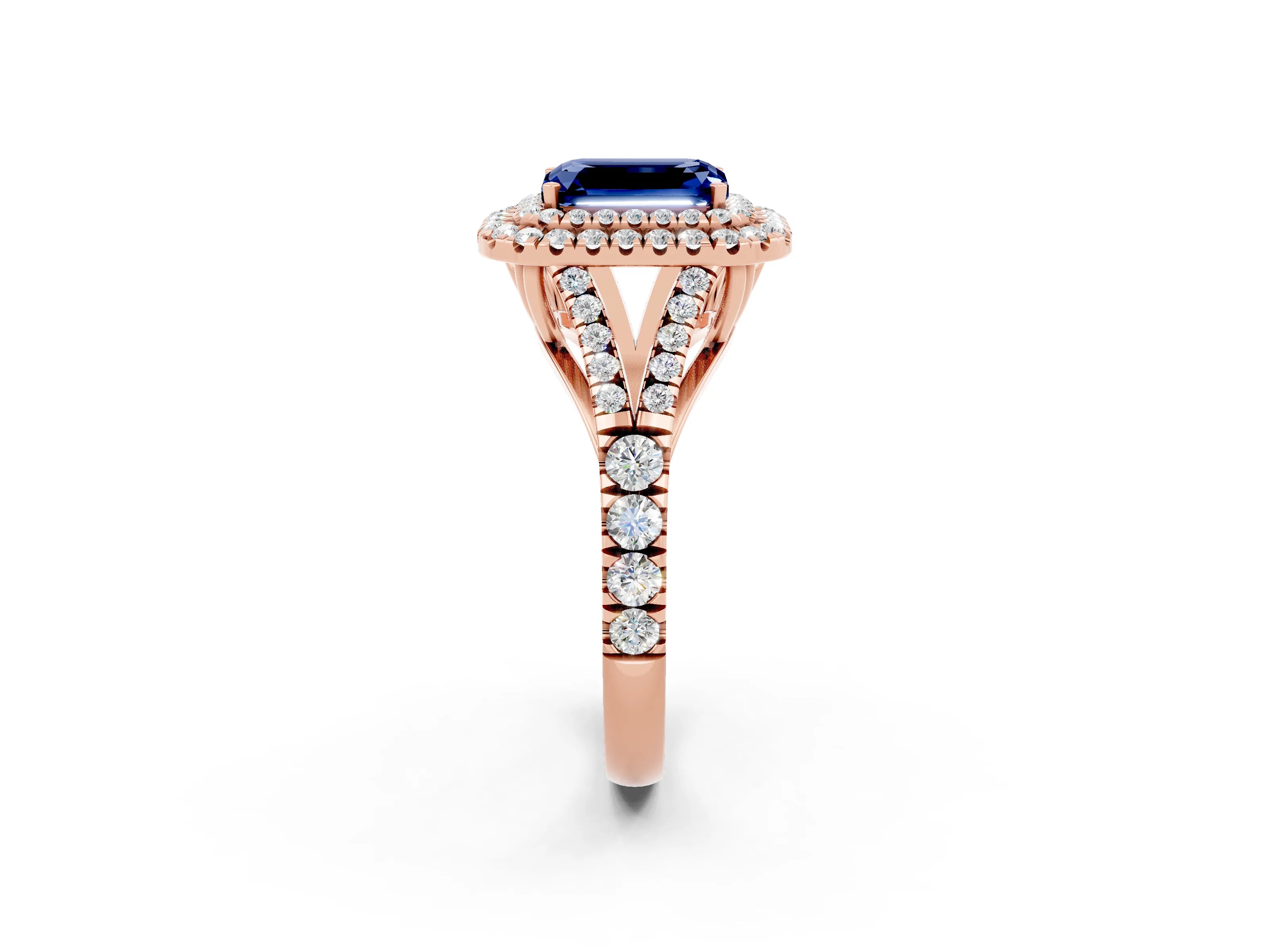 Rose gold Emerald Cut Blue Sapphire Pavé Split Shank Double Halo Engagement Ring_2