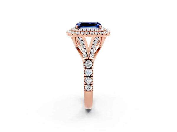 Rose gold Emerald Cut Blue Sapphire Pavé Split Shank Double Halo Engagement Ring