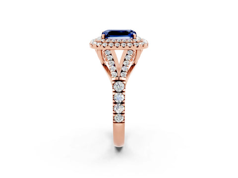 Rose gold Emerald Cut Blue Sapphire Pavé Split Shank Double Halo Engagement Ring_2