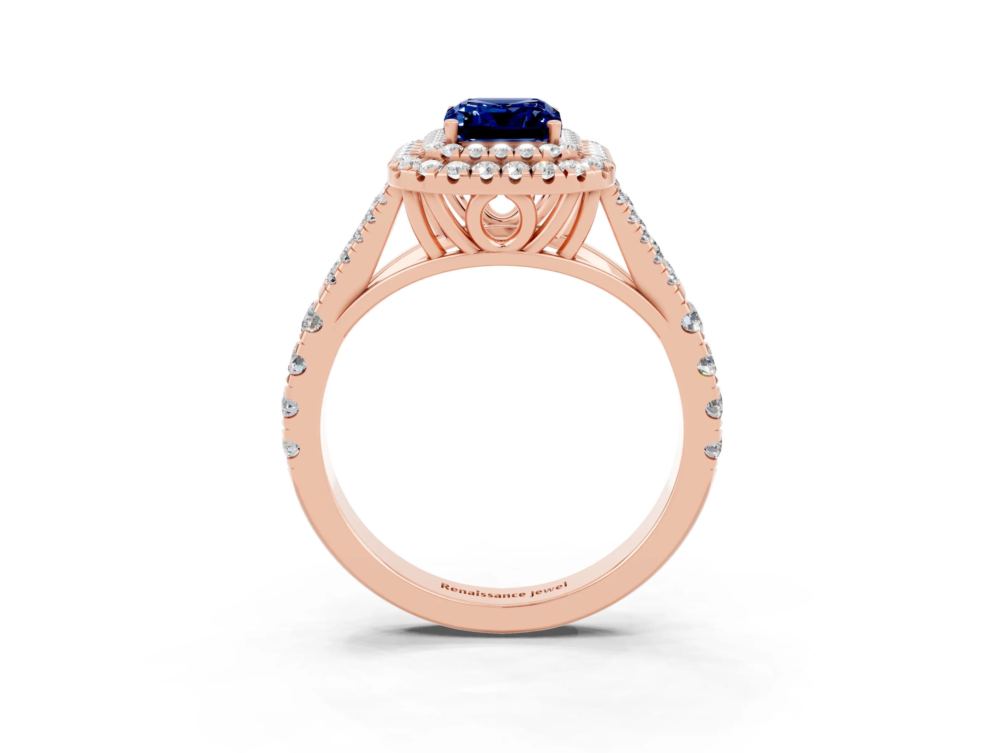 Rose gold Emerald Cut Blue Sapphire Pavé Split Shank Double Halo Engagement Ring_3