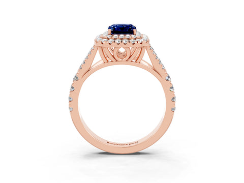 Rose gold Emerald Cut Blue Sapphire Pavé Split Shank Double Halo Engagement Ring_3
