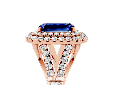 Rose gold Emerald Cut Blue Sapphire Pavé Split Shank Double Halo Engagement Ring_5