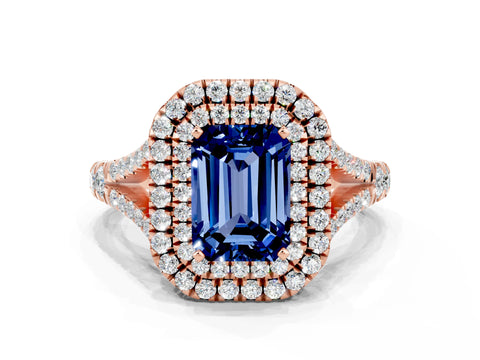 Rose gold Emerald Cut Blue Sapphire Pavé Split Shank Double Halo Engagement Ring