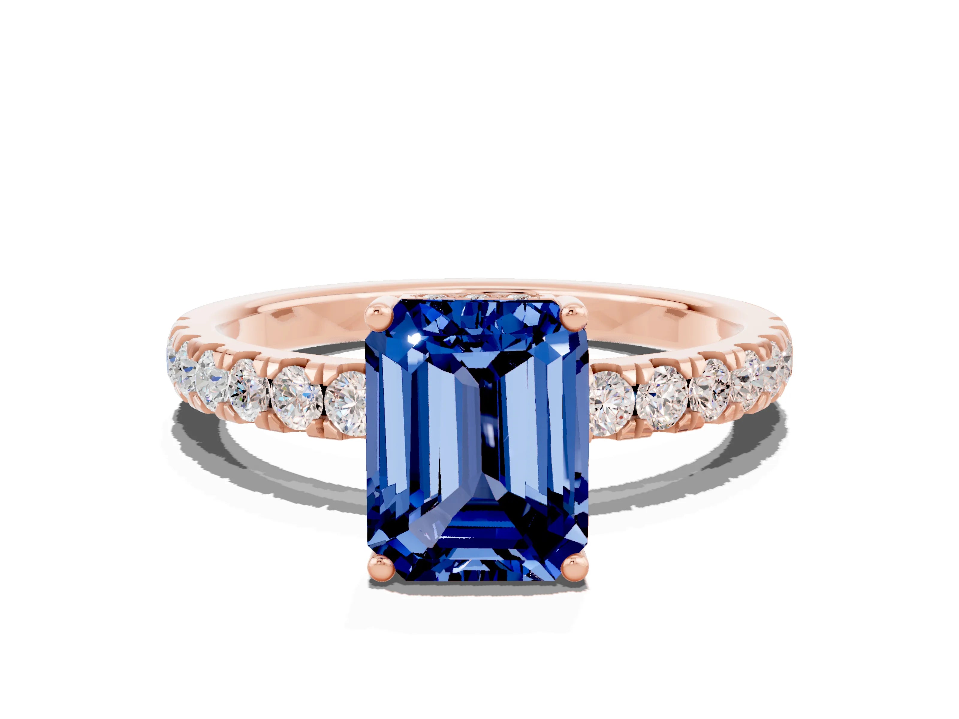 Rose gold Emerald Cut Blue Sapphire Pave Band Solitaire Ring with Four-Prong Setting_24