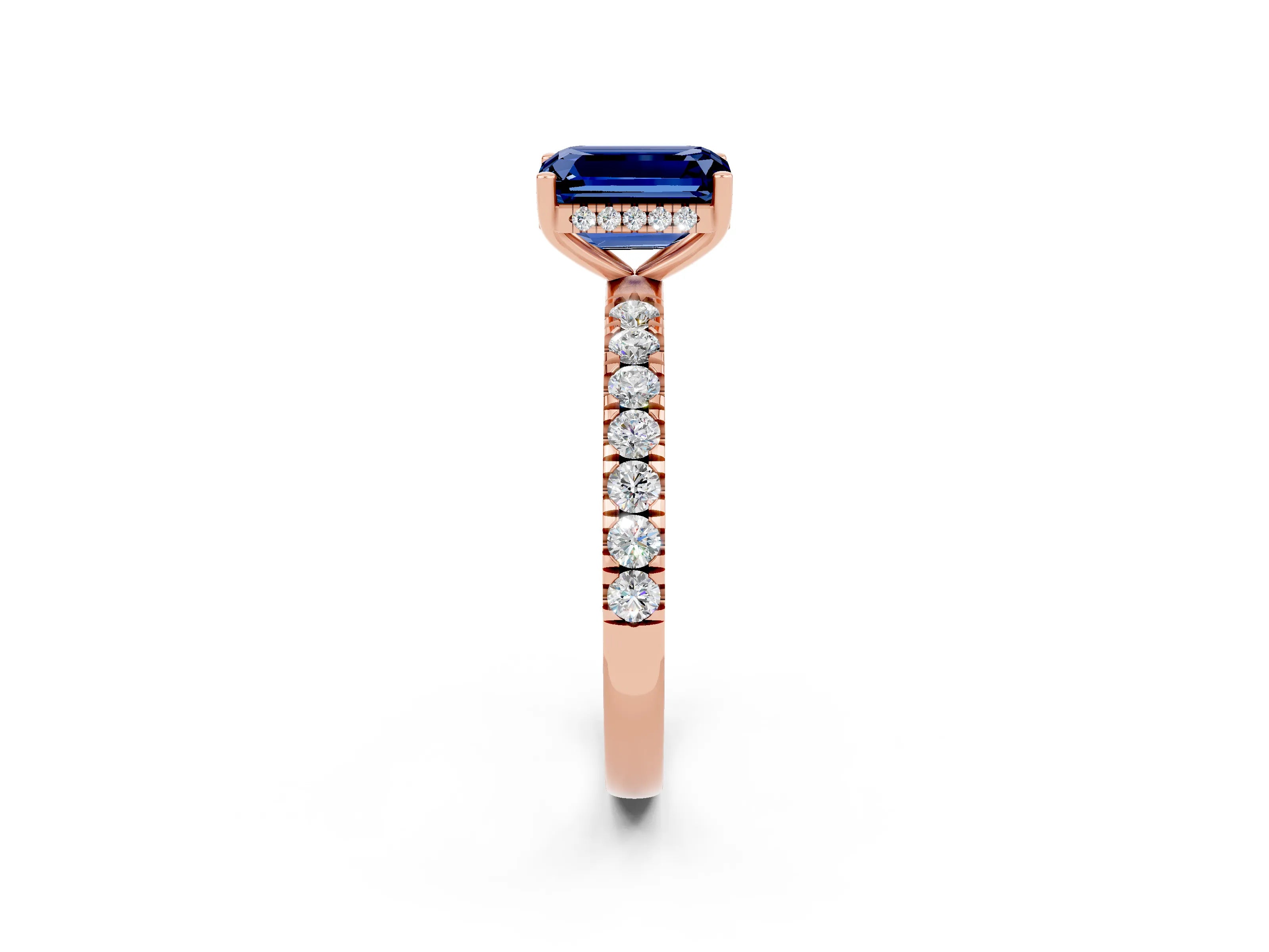 Rose gold Emerald Cut Blue Sapphire Pave Band Solitaire Ring with Four-Prong Setting_26