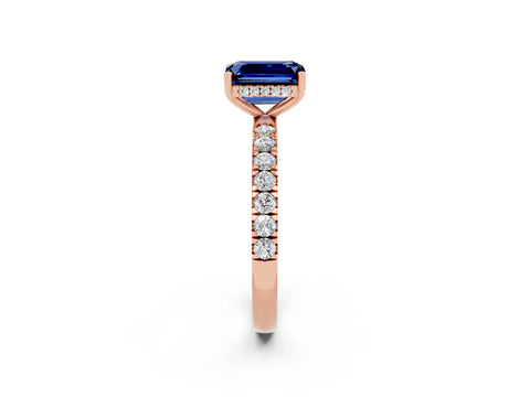 Rose gold Emerald Cut Blue Sapphire Pave Band Solitaire Ring with Four-Prong Setting_26