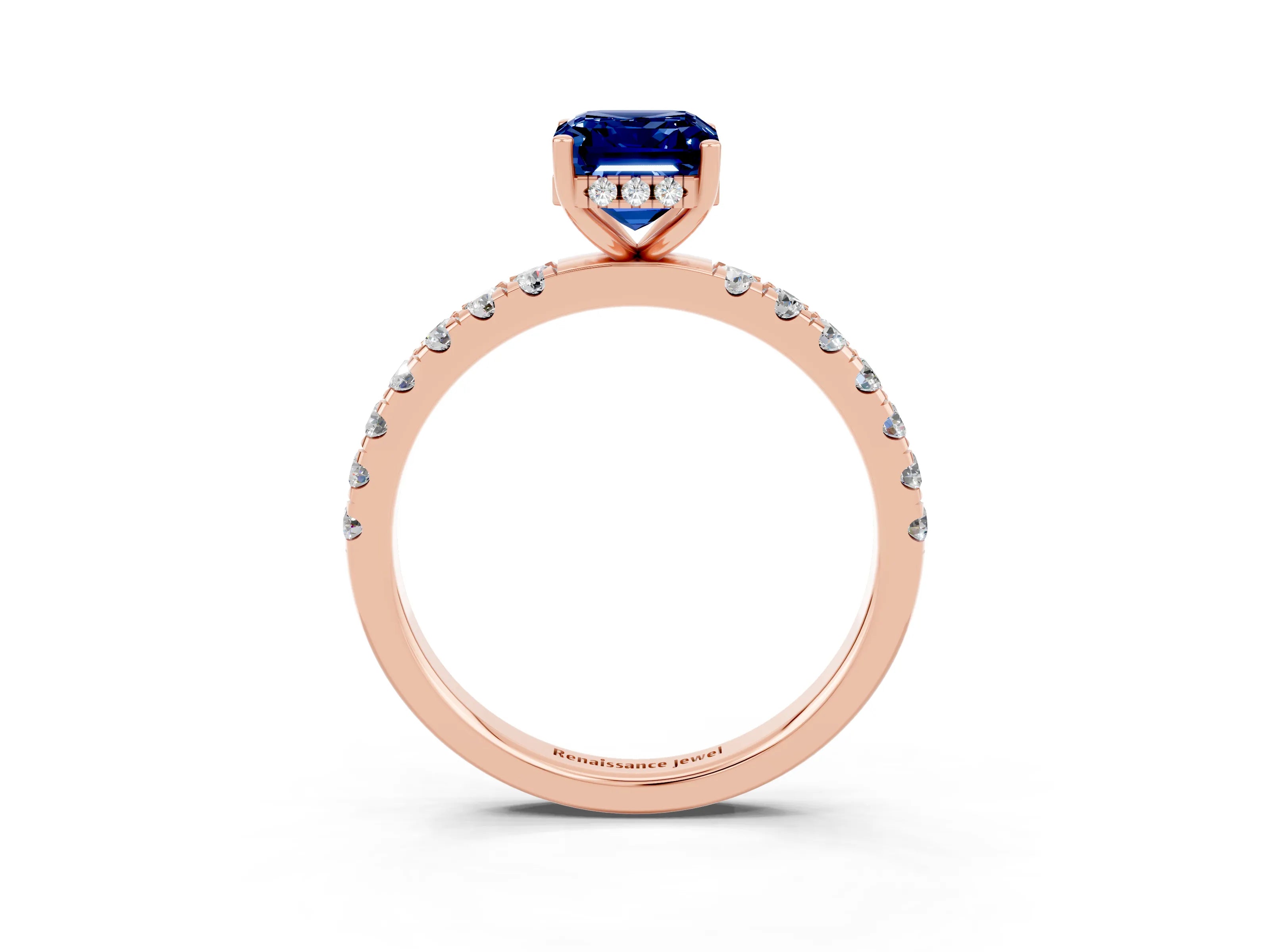Rose gold Emerald Cut Blue Sapphire Pave Band Solitaire Ring with Four-Prong Setting_27