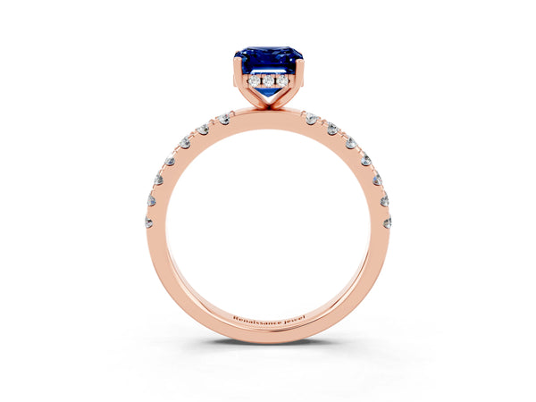 Rose gold Emerald Cut Blue Sapphire Pave Band Solitaire Ring with Round  and Prong Setting