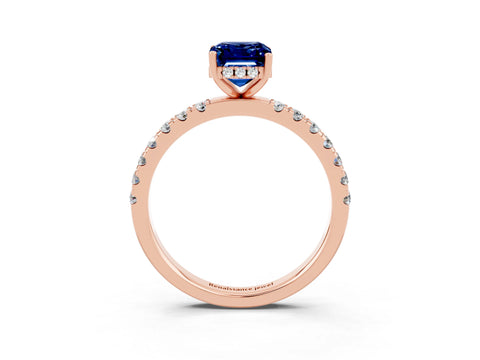 Rose gold Emerald Cut Blue Sapphire Pave Band Solitaire Ring with Four-Prong Setting_27