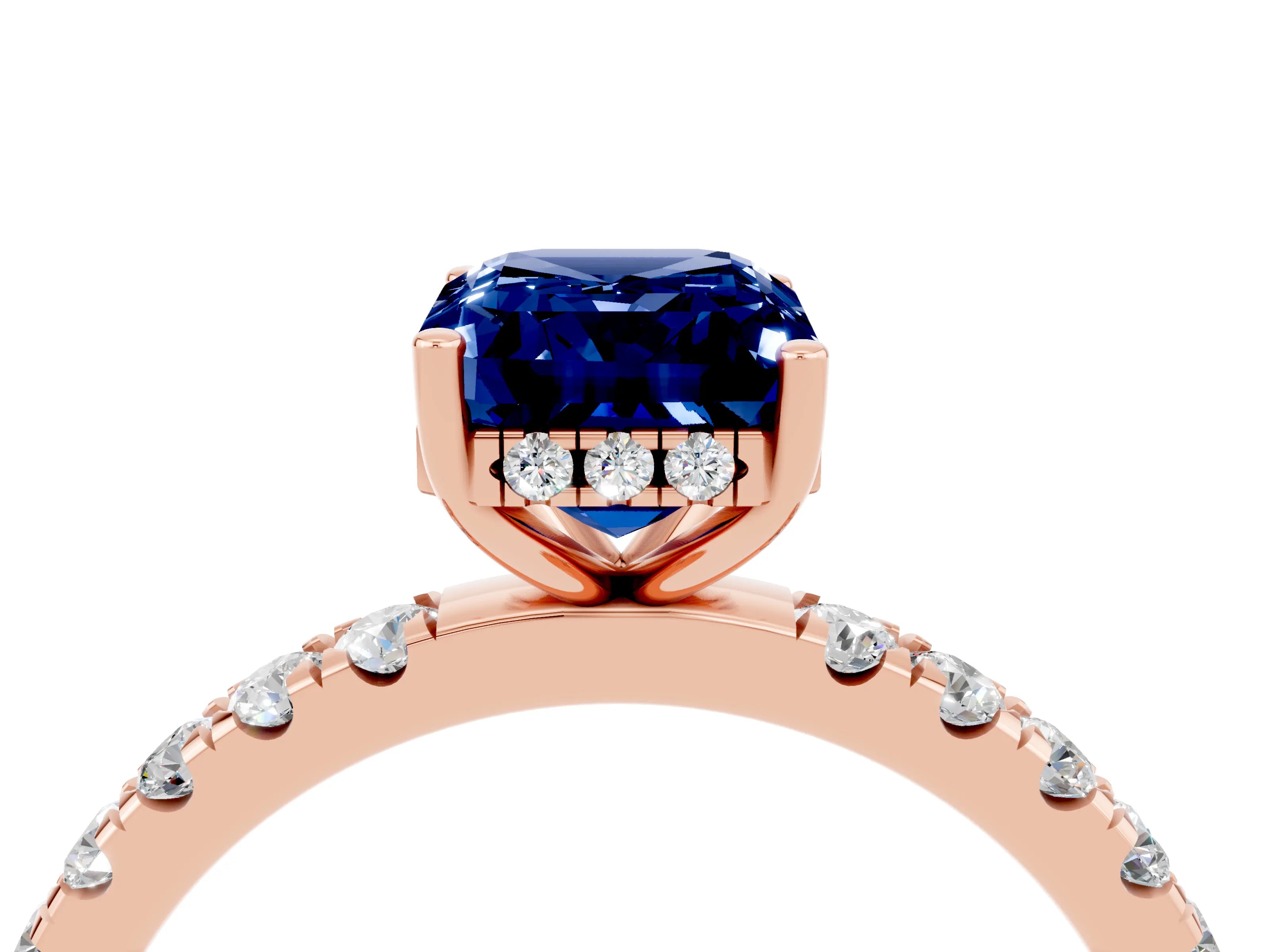Rose gold Emerald Cut Blue Sapphire Pave Band Solitaire Ring with Four-Prong Setting_28