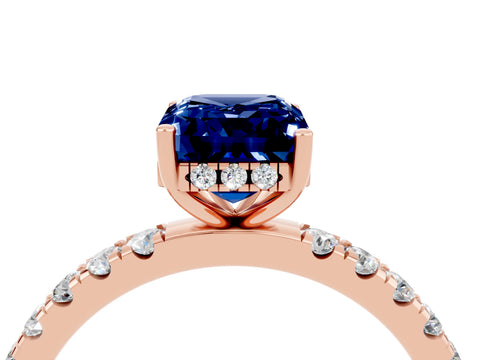 Rose gold Emerald Cut Blue Sapphire Pave Band Solitaire Ring with Four-Prong Setting_28