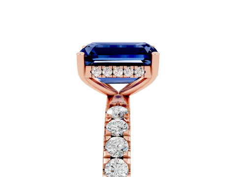 Rose gold Emerald Cut Blue Sapphire Pave Band Solitaire Ring with Four-Prong Setting_29