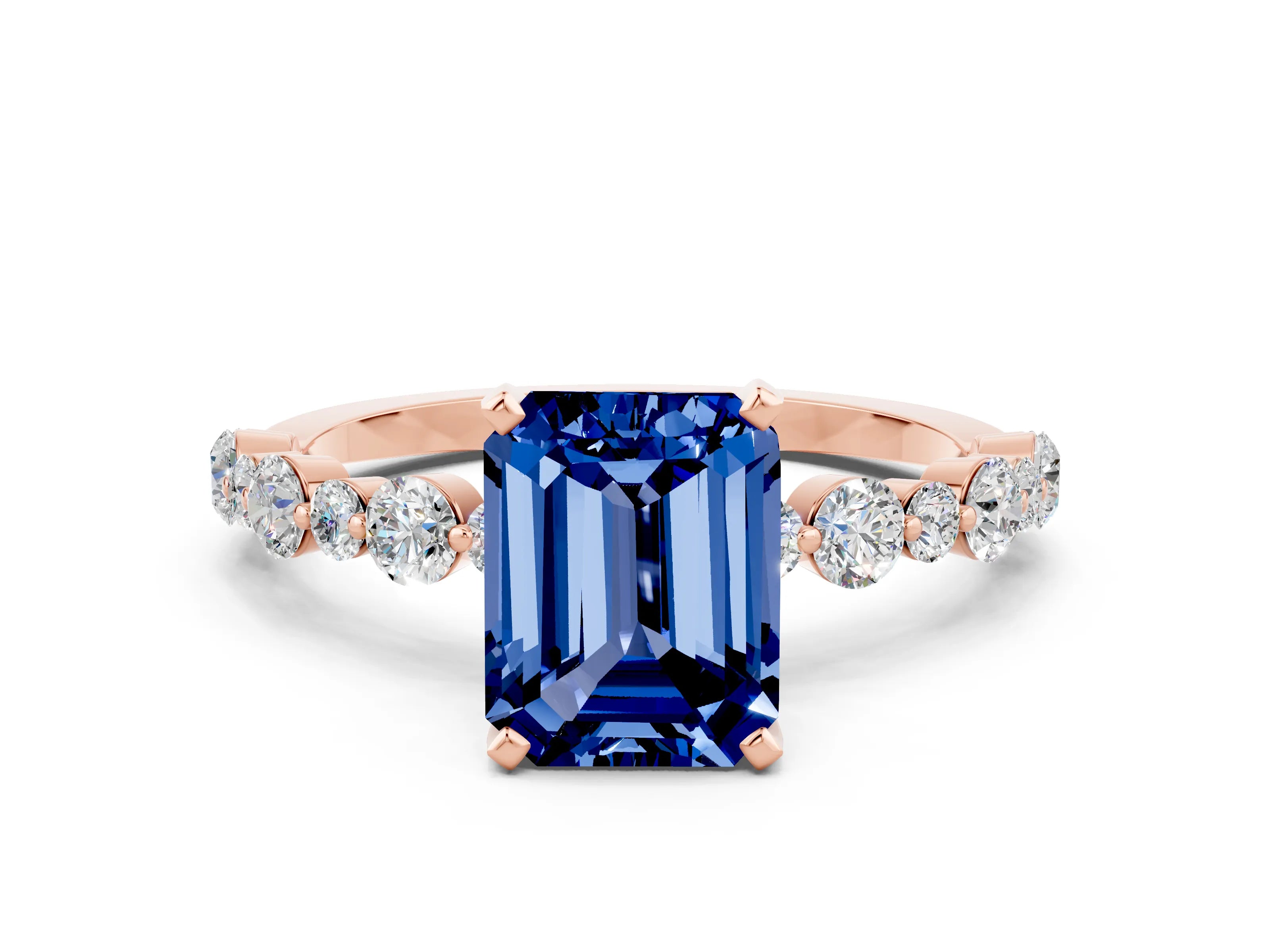 Rose gold Emerald Cut Blue Sapphire Prong Set Engagement Ring with Pavé Band
