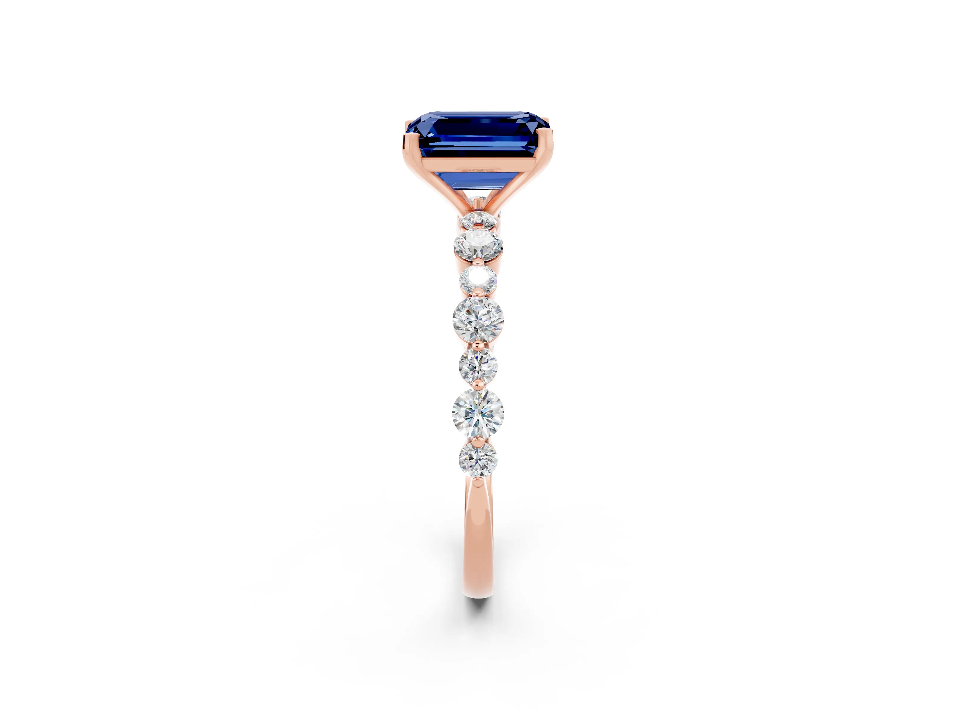 Rose gold Emerald Cut Blue Sapphire Prong Set Engagement Ring with Pavé Band_2