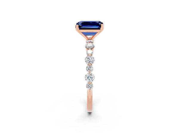Rose gold Emerald Cut Blue Sapphire Prong Set Engagement Ring with Pavé Band