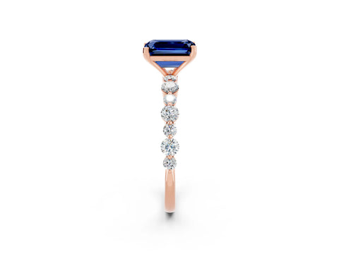 Rose gold Emerald Cut Blue Sapphire Prong Set Engagement Ring with Pavé Band_2