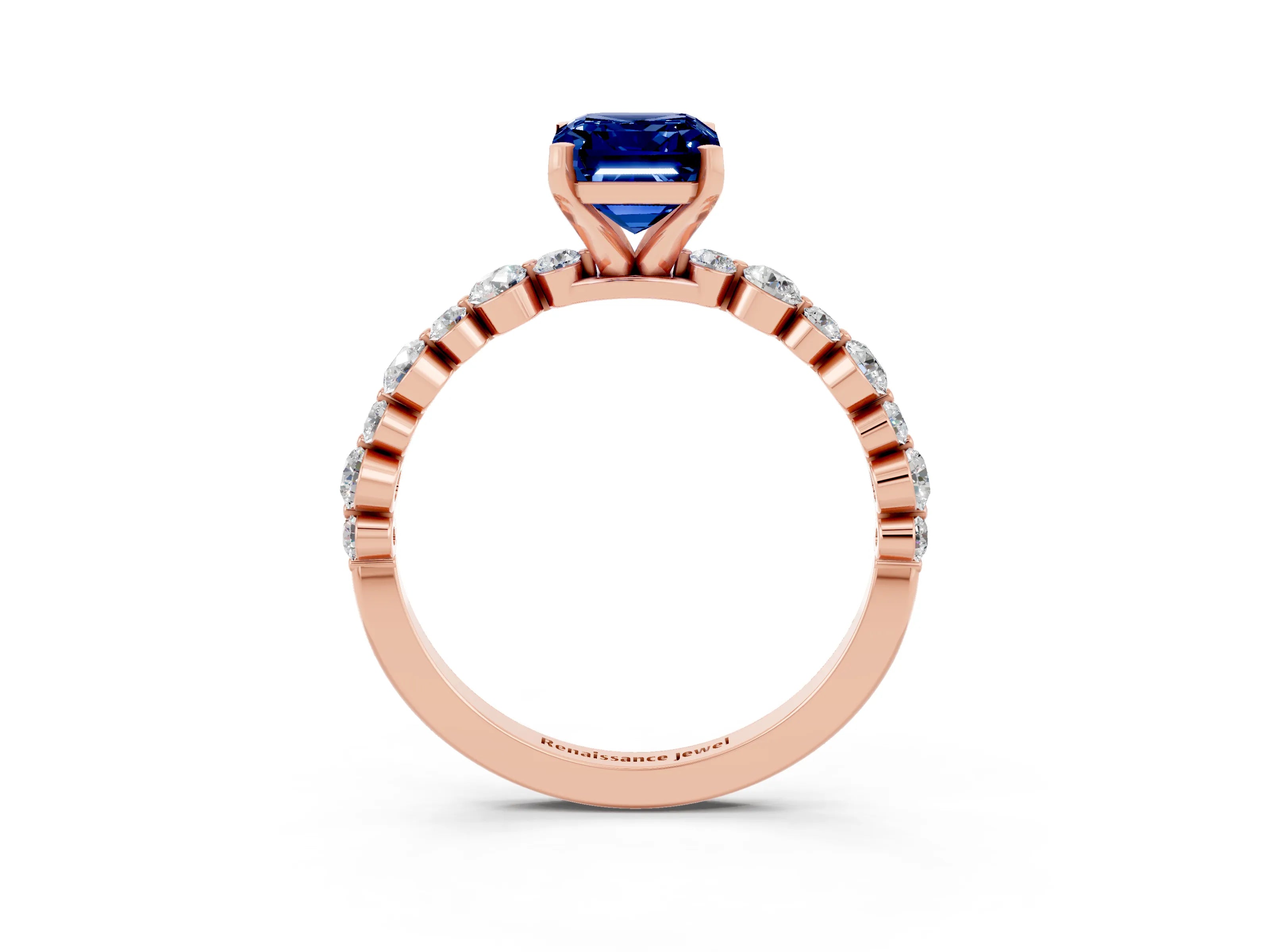 Rose gold Emerald Cut Blue Sapphire Prong Set Engagement Ring with Pavé Band_3