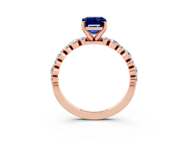 Rose gold Emerald Cut Blue Sapphire Prong Set Engagement Ring with Pavé Band