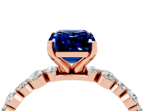 Rose gold Emerald Cut Blue Sapphire Prong Set Engagement Ring with Pavé Band_4