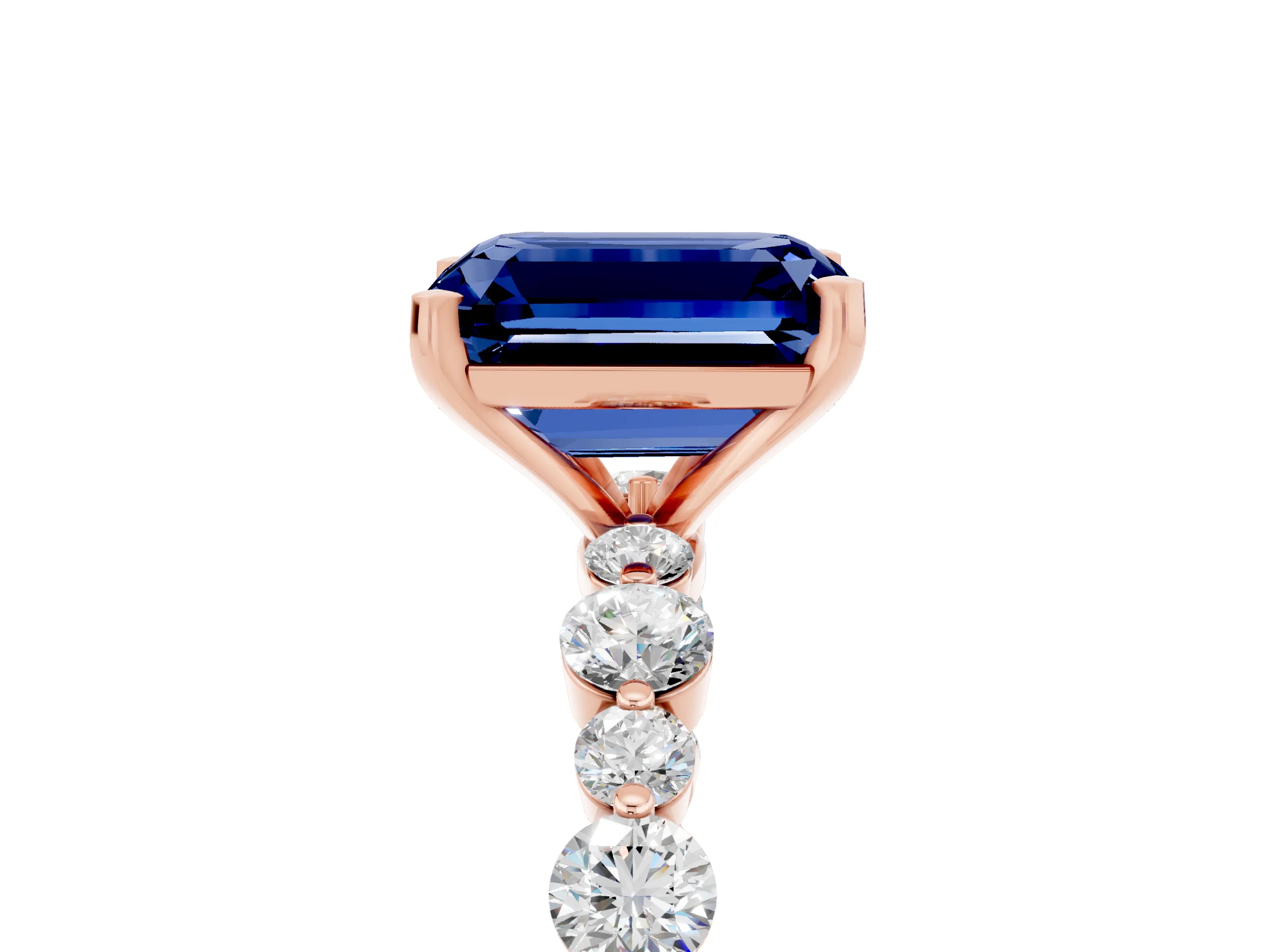 Rose gold Emerald Cut Blue Sapphire Prong Set Engagement Ring with Pavé Band_5