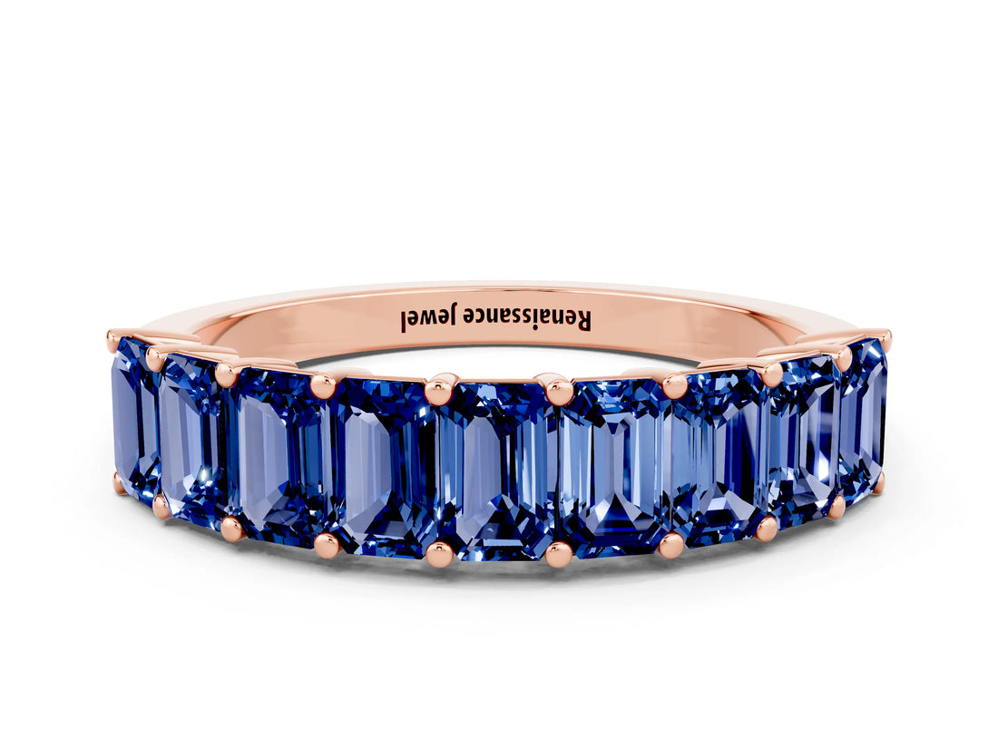 Rose gold Emerald Cut Blue Sapphire Prong-Set Eternity Band_6