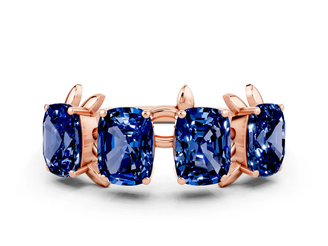Rose gold Emerald Cut Blue Sapphire Prong-Set Half Eternity Band_18