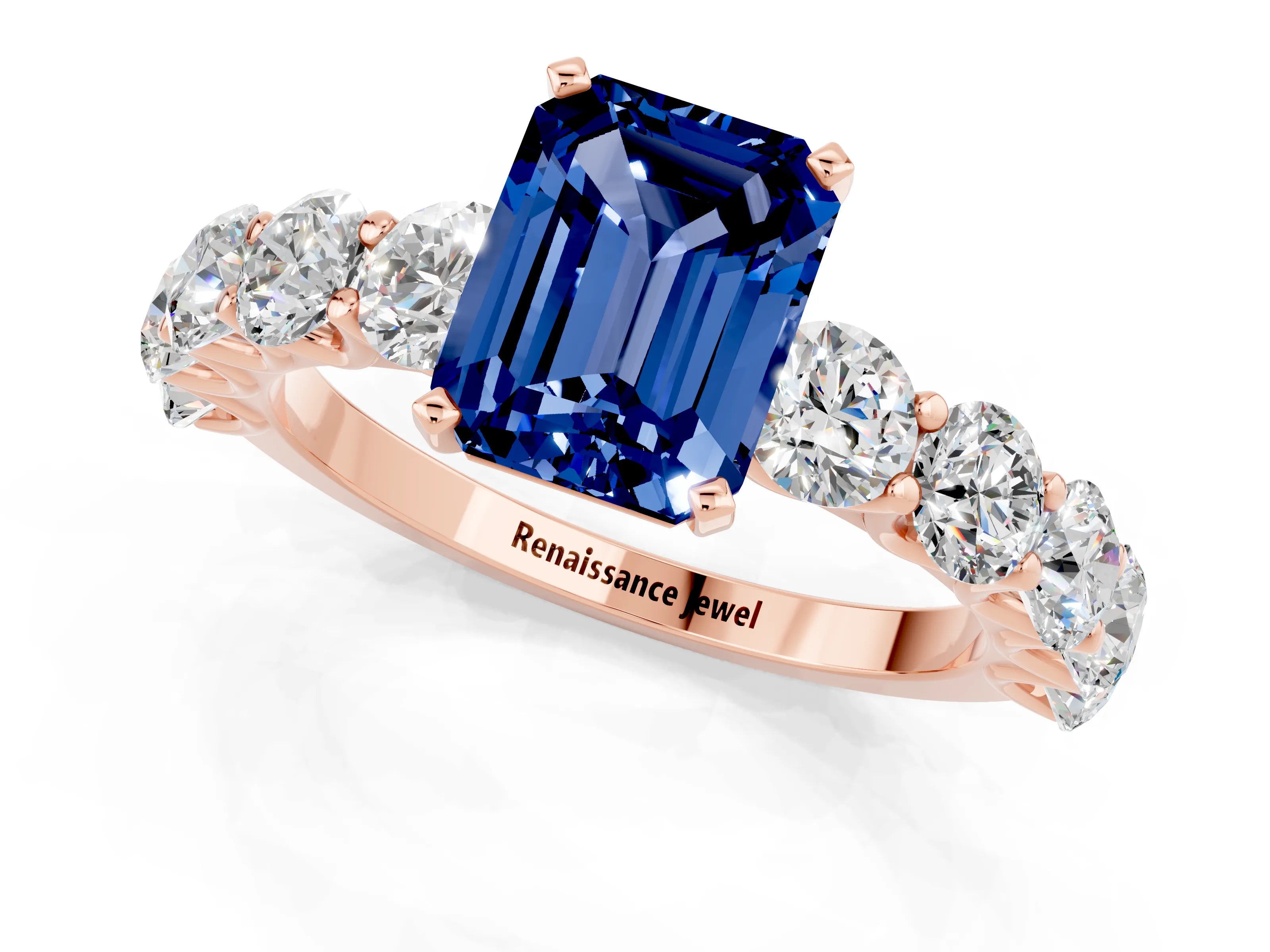 Rose gold Emerald Cut Blue Sapphire Prong Setting with Side Stones on a Pave Band_1