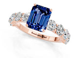 Rose gold Emerald Cut Blue Sapphire Prong Setting with Side Stones on a Pave Band_1