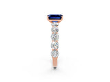 Rose gold Emerald Cut Blue Sapphire Prong Setting with Side Stones on a Pave Band_2