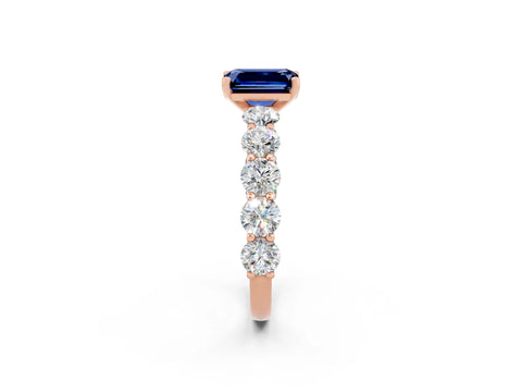 Rose gold Emerald Cut Blue Sapphire Prong Setting with Side Stones on a Pave Band_2