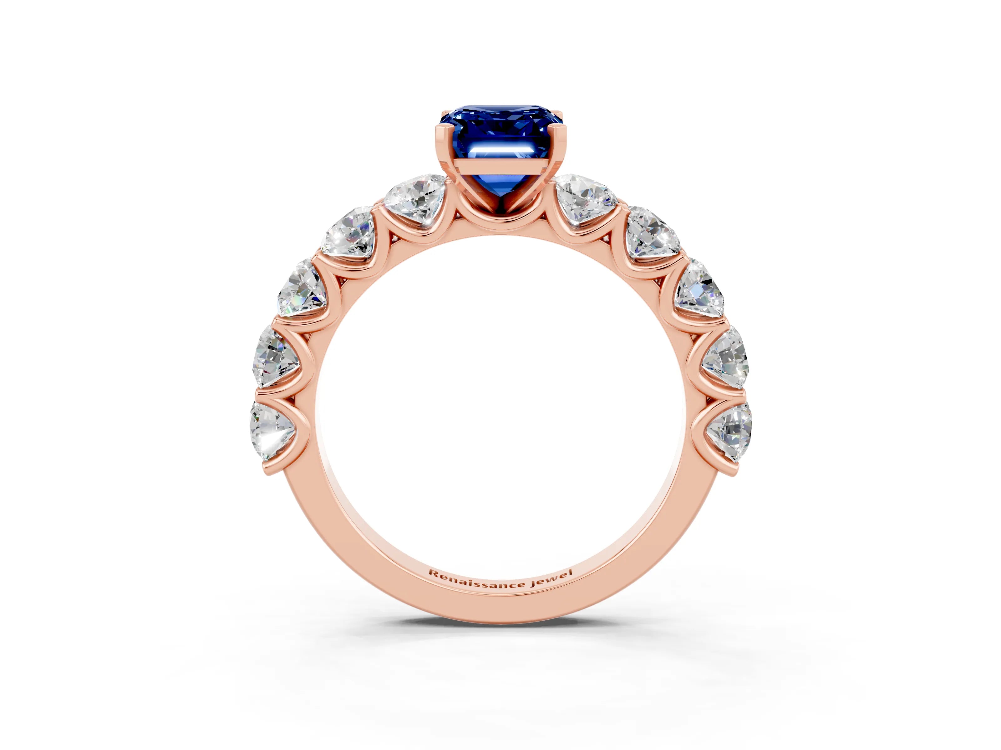 Rose gold Emerald Cut Blue Sapphire Prong Setting with Side Stones on a Pave Band_3