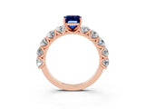 Rose gold Emerald Cut Blue Sapphire Prong Setting with Side Stones on a Pave Band_3