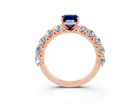 Rose gold Emerald Cut Blue Sapphire Prong Setting with Side Stones on a Pave Band_3