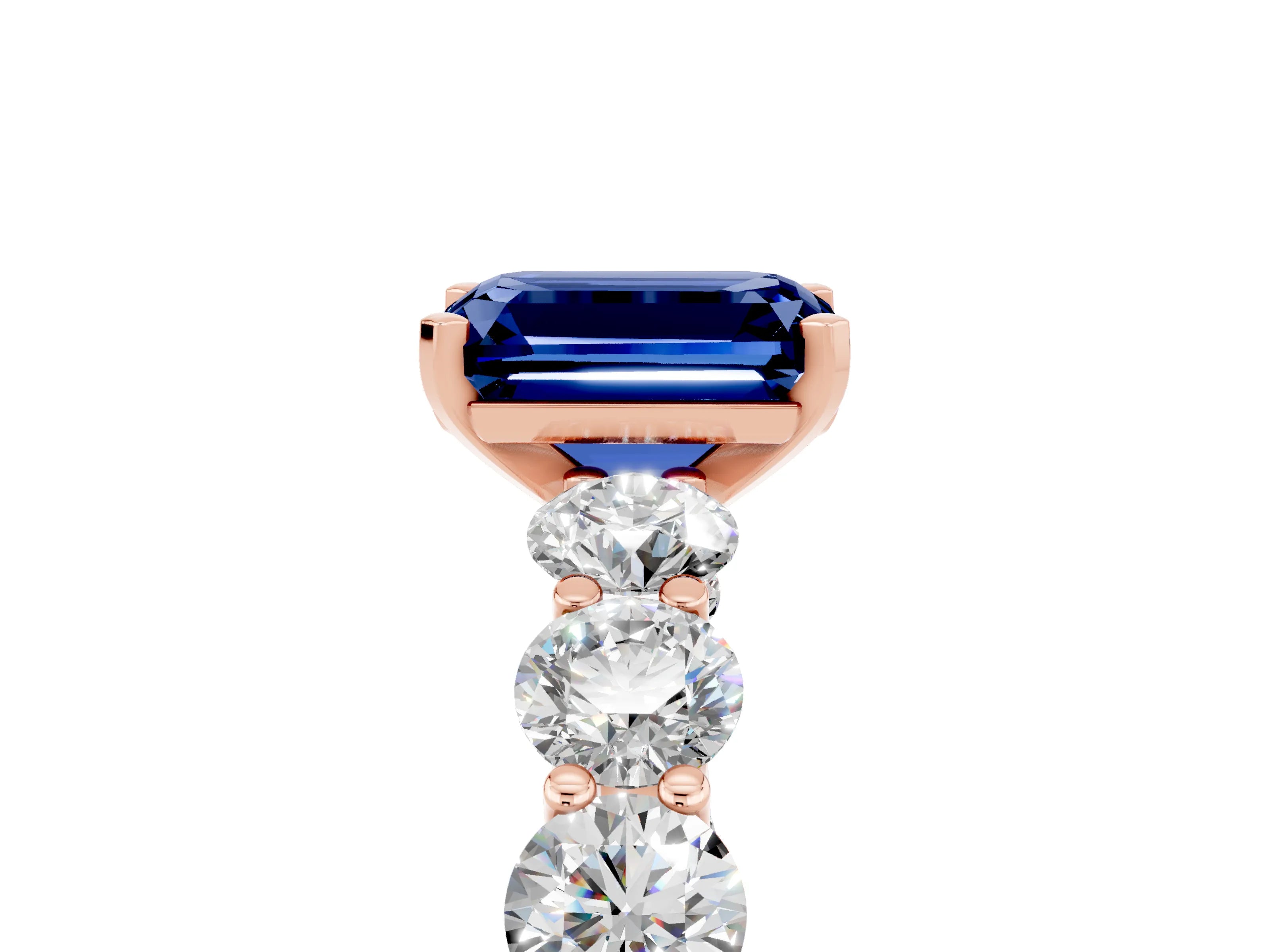 Rose gold Emerald Cut Blue Sapphire Prong Setting with Side Stones on a Pave Band_5