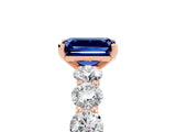 Rose gold Emerald Cut Blue Sapphire Prong Setting with Side Stones on a Pave Band_5