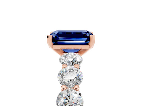 Rose gold Emerald Cut Blue Sapphire Prong Setting with Side Stones on a Pave Band_5